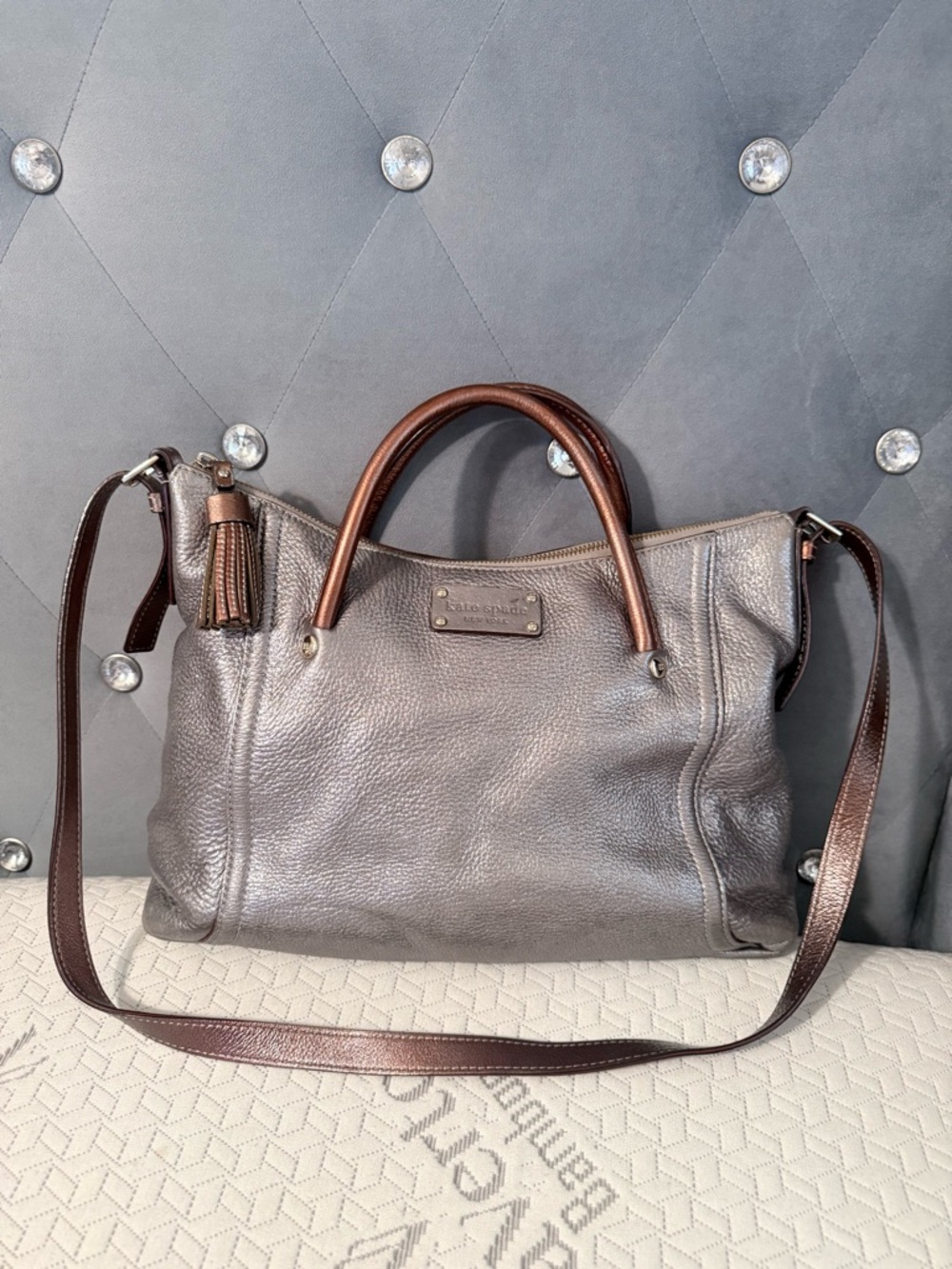 kate spade Metallic Gray Satchel with Brown Handles and Shoulder Strap - Picture 2 of 11